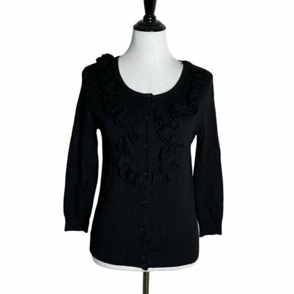 Linda Matthews Ruffle Cardigan Sweater Women MP Black Cozy‎ Soft Preppy Office